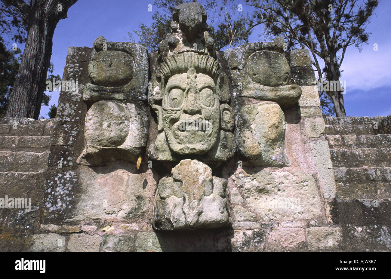 Il carving del dio del sole sul Tempio 22 Copan Ruinas Honduras Foto Stock