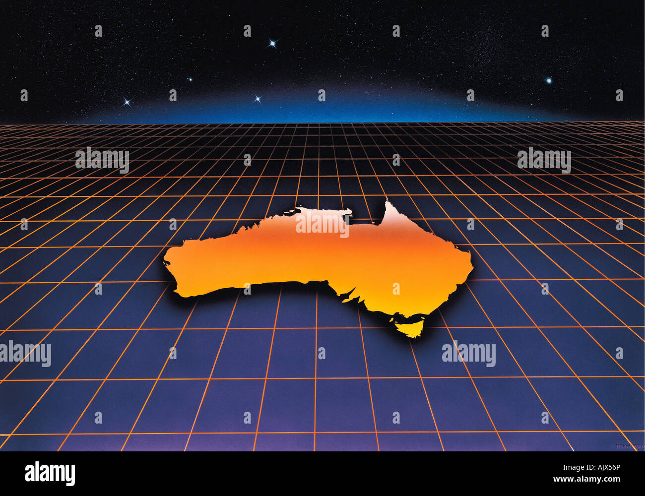 Illustrazione mappa di Australia su griglia con orizzonte e cielo stellato. Foto Stock