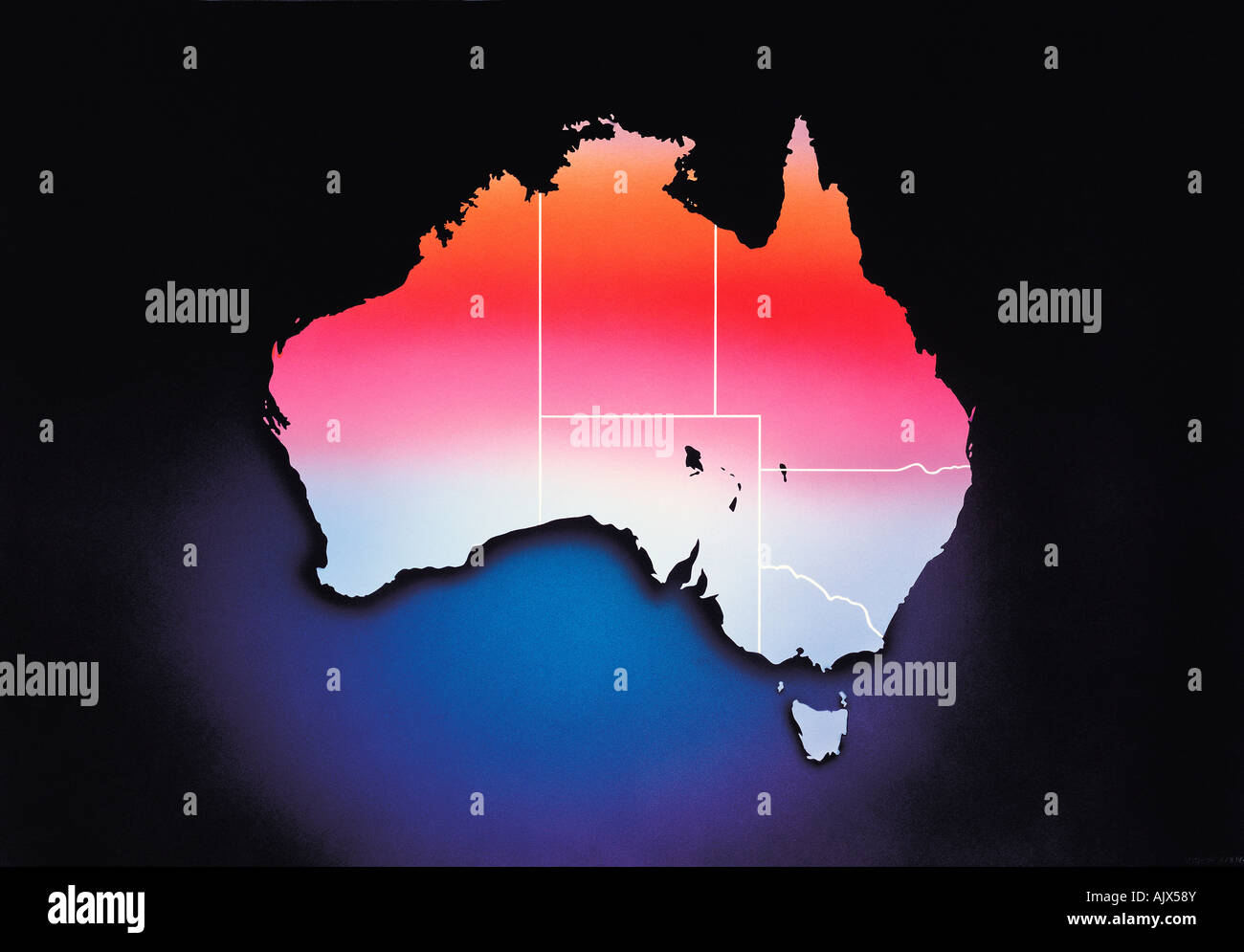Illustrazione mappa di Australia che indica le linee di stato. Foto Stock