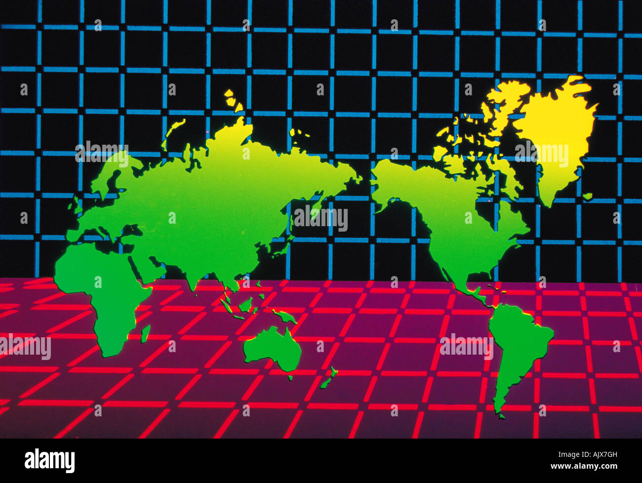 Illustrazione mappa di contorno del mondo contro il modello di griglia. Foto Stock