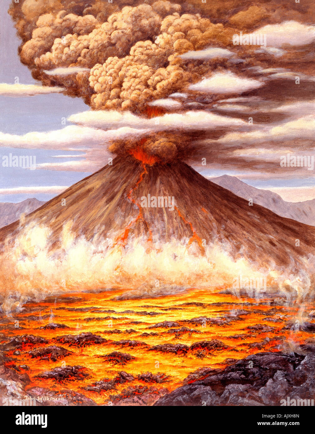 Eruzione del vulcano con lava e cloud piroclastici. Illustrazione. Foto Stock