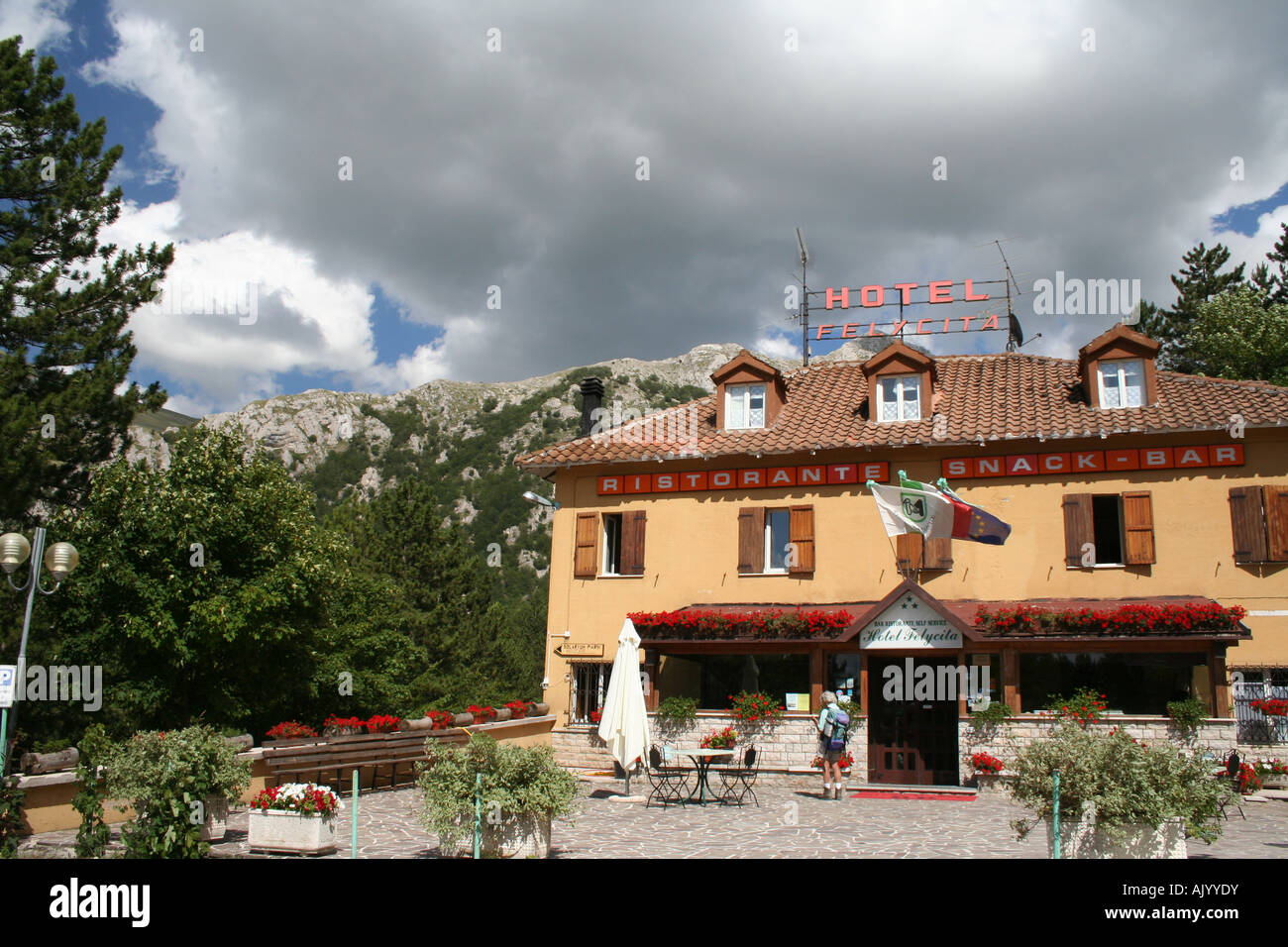 Hotel Felycita a Frontignano, Le Marche, Italia del Parco Nazionale dei Monti Sibillini, Appennino centrale Foto Stock