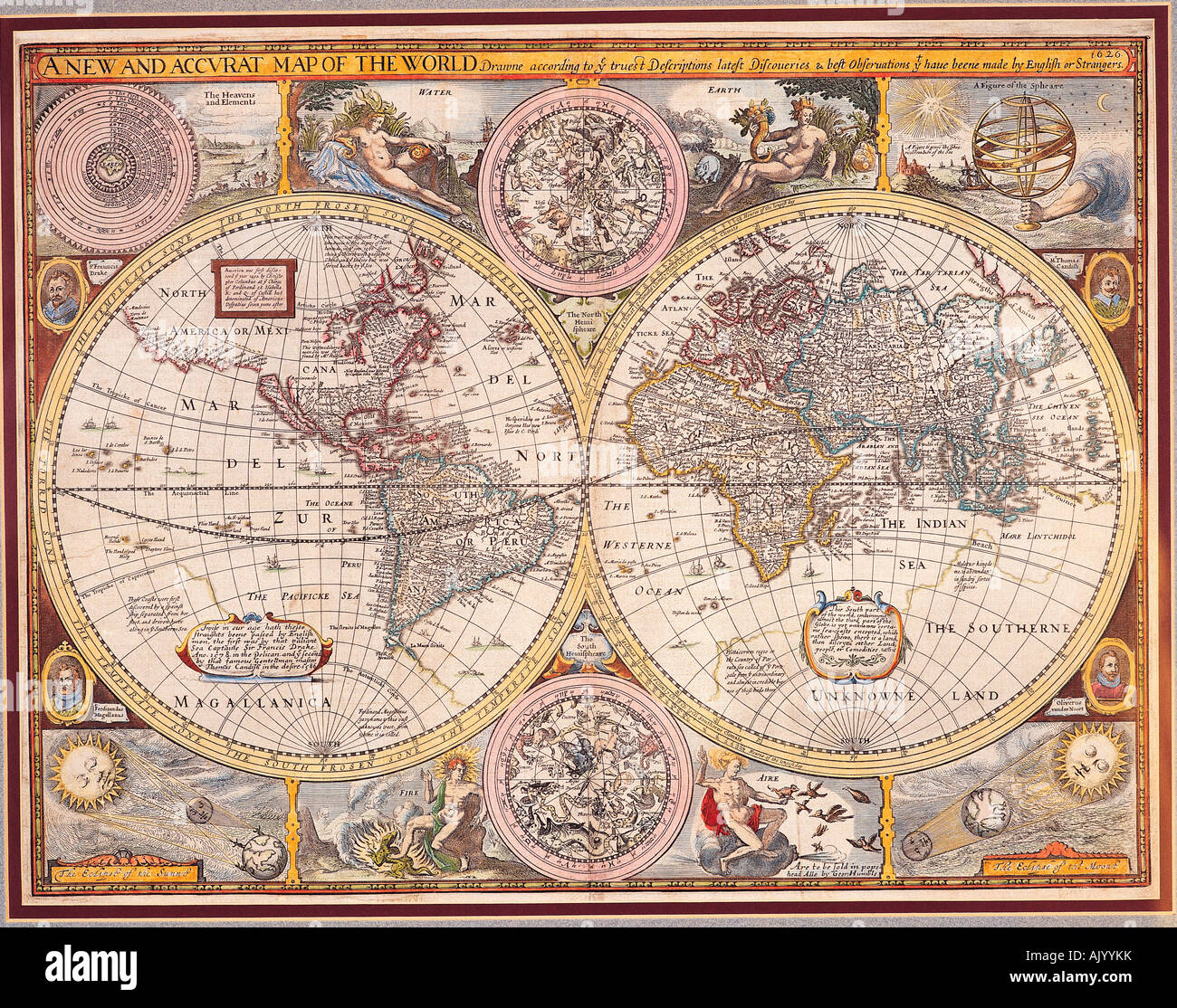 Mappa storica del mondo. Un nuovo e accurat mappa del mondo disegnata da Giovanni velocità. Pubblicato 1626 da George umile. Foto Stock