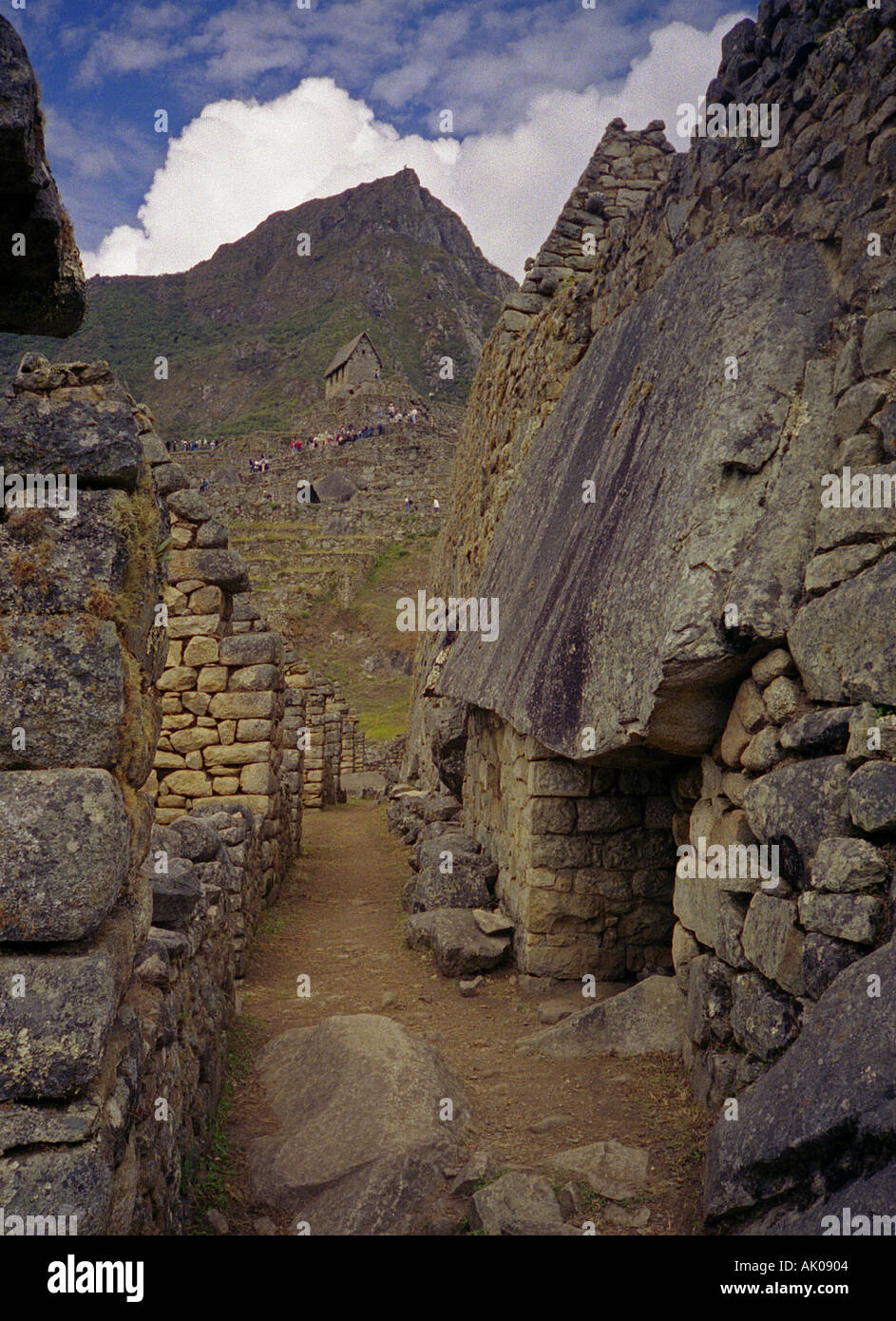 Strada stretta via di passaggio della muratura ospita il centro urbano perso città Inca di Machu Picchu Cuzco Perù Sud America Latina Foto Stock