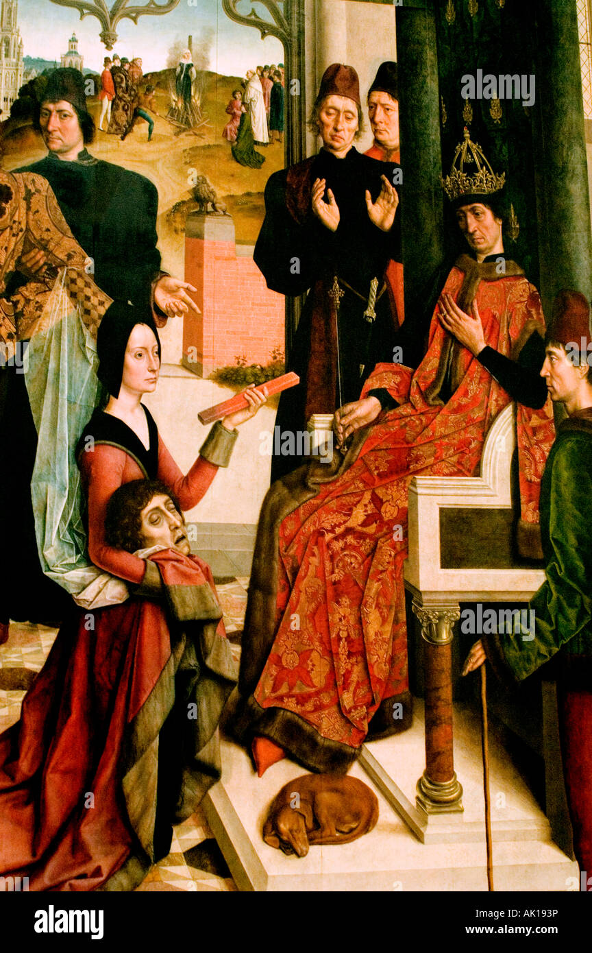 Dirck combattimenti Dieric 1410 - 1475 olandese pannello belga della giustizia dell'imperatore Ottone il martirio degli innocenti duca il fuoco calvario Foto Stock