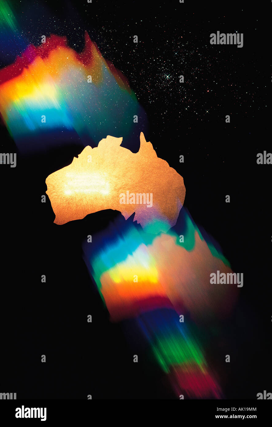 Graphic concept spettrale immagine del continente australiano su sfondo nero. Foto Stock