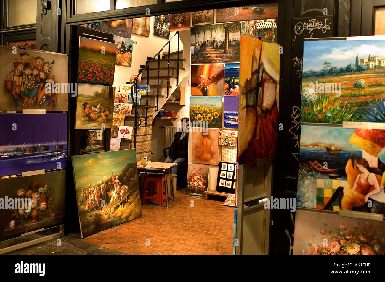 Galleria d'arte in Rue des Bouchers vicino alla Grand Place Foto Stock