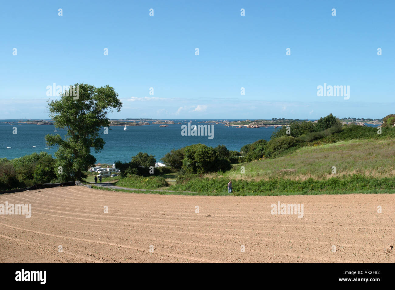 Vista verso la spiaggia vicino a Ile de Brehat, Côte de Granit Rose, Bretagna Francia Foto Stock