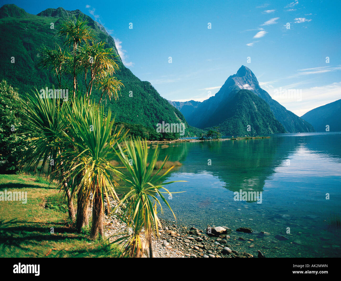 La Nuova Zelanda. Isola del Sud. Fiordland. Milford Sound lago e Mitre Peak. Foto Stock