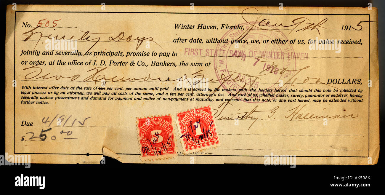 Copia di un 1915 $250.00 prestito bancario IOU che mostra l'approvazione del governo di timbri Foto Stock