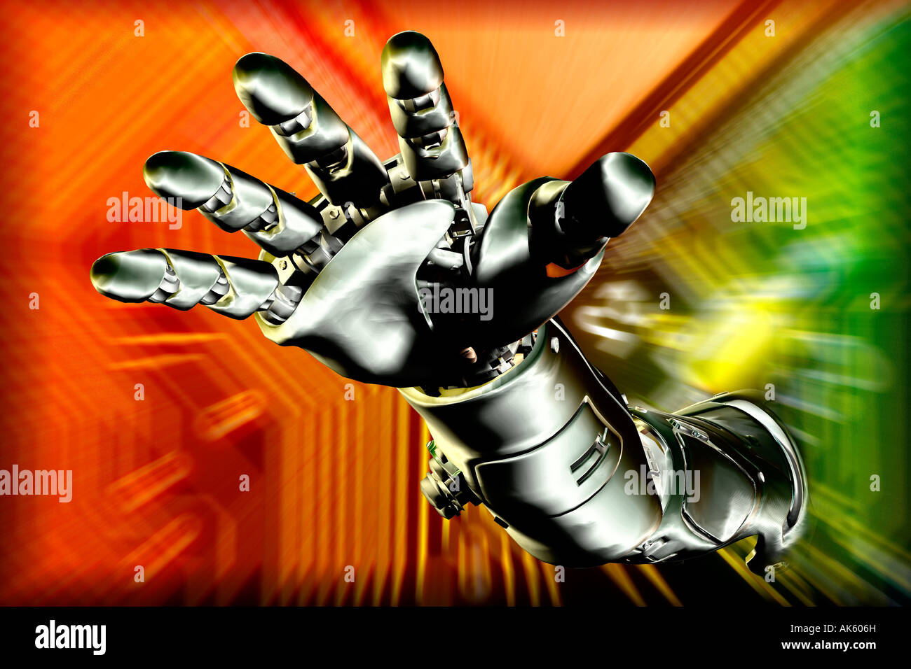 Mano robotica e il braccio del 3D generata da computer di carattere robot raggiungendo fuori dal circuito stampato Foto Stock