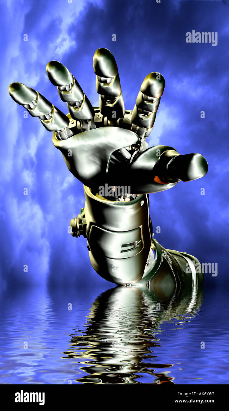 Mano robotica e il braccio del 3D generata da computer di carattere robot Foto Stock