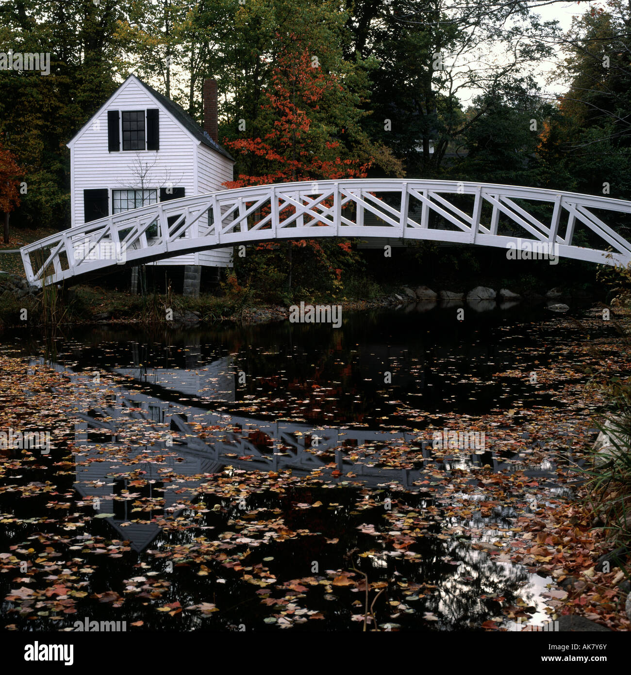 White ponte in legno sul laghetto con foglie di autunno, Somesville, isola di Mount Desert, Maine, Stati Uniti d'America Foto Stock