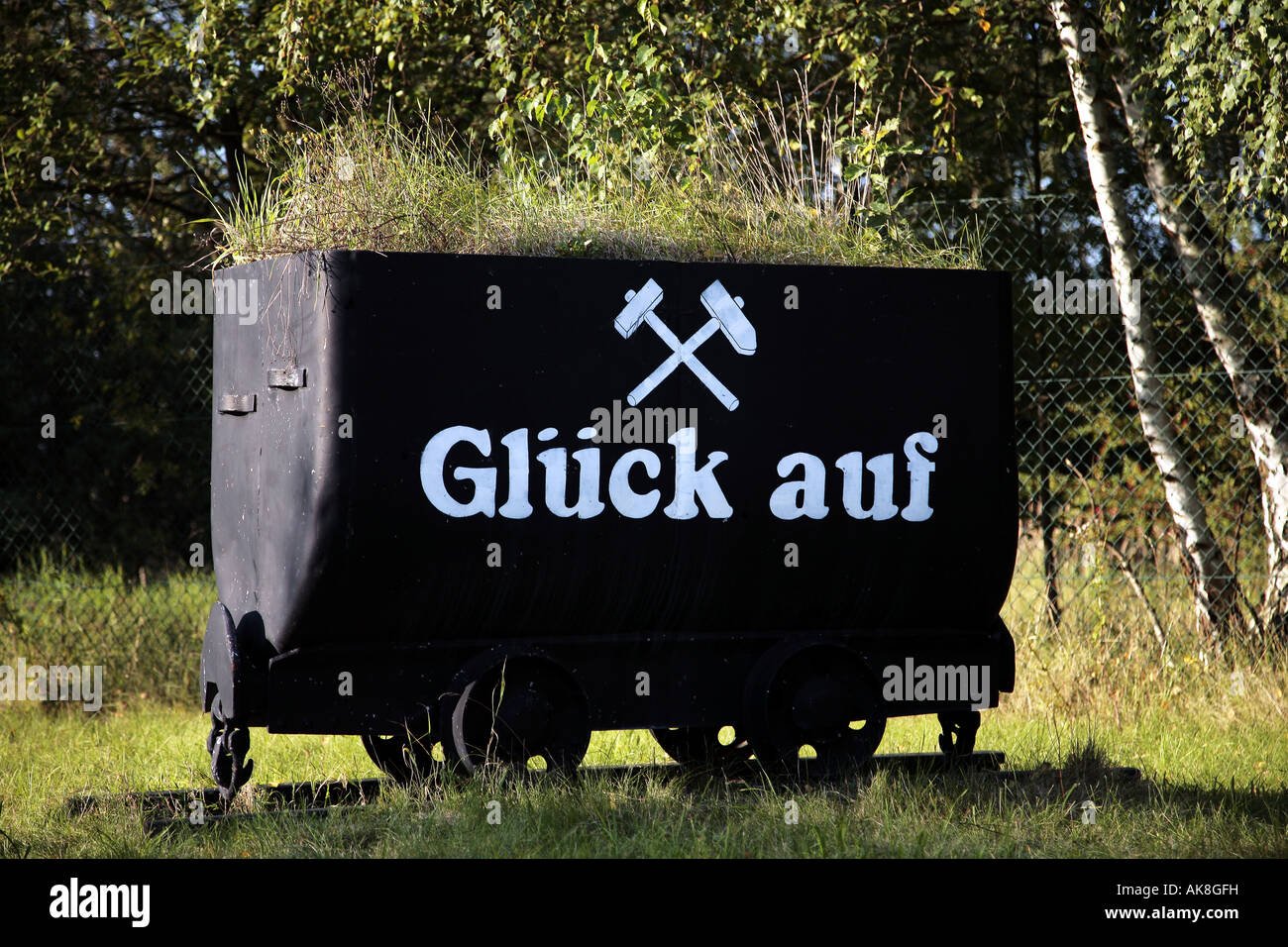Camion di carbone con il saluto dei Minatori del carbone Glueck auf, buona fortuna, in Germania, in Renania settentrionale-Vestfalia, la zona della Ruhr, Sprockhoev Foto Stock