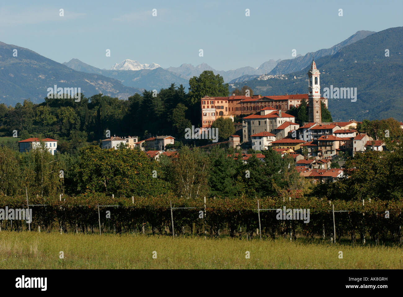 Vista della cittadina di Azeglio con i suoi vigneti, vicino Ivrea (Torino). Foto Stock
