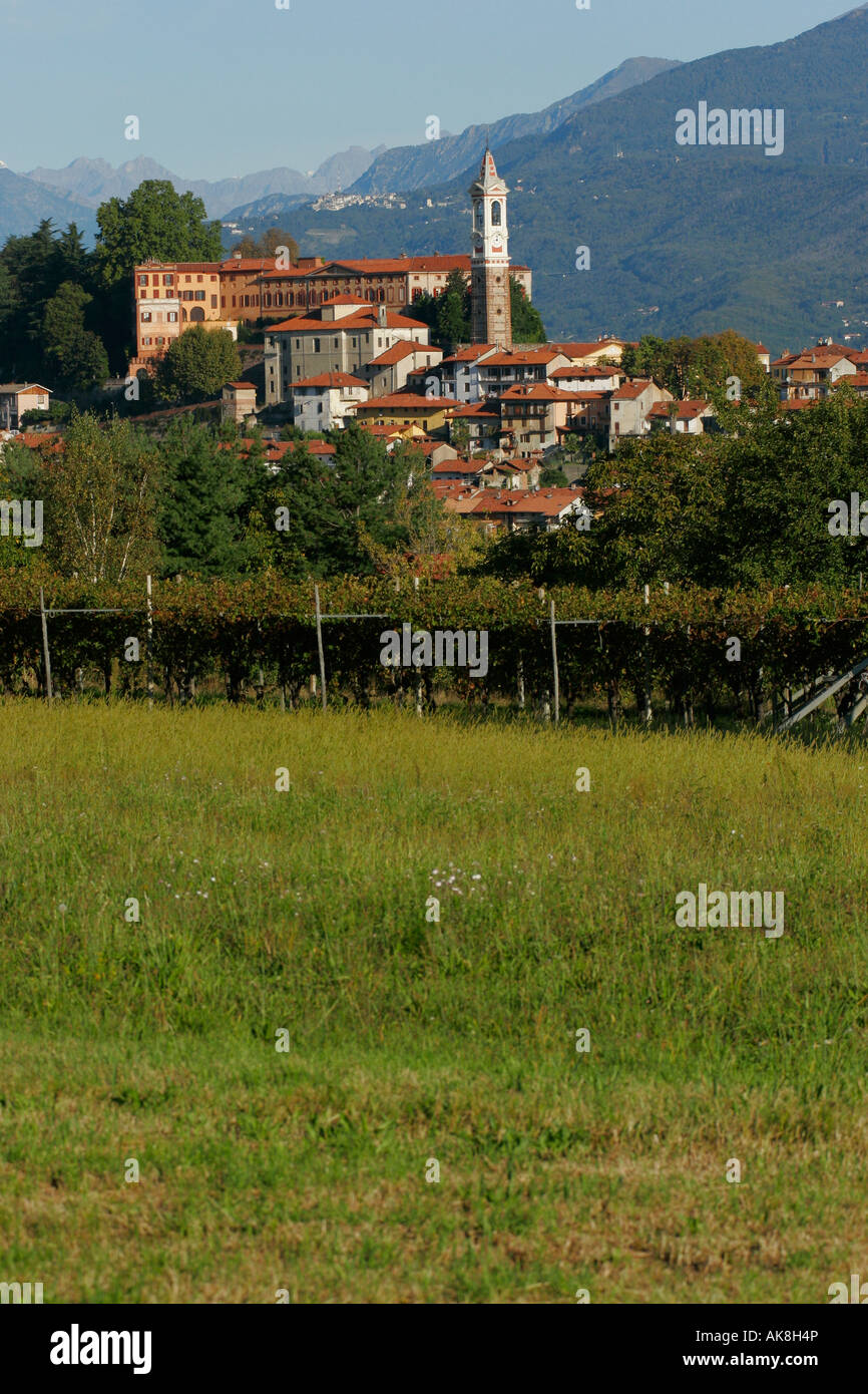 Vista della cittadina di Azeglio con i suoi vigneti, vicino Ivrea (Torino). Foto Stock
