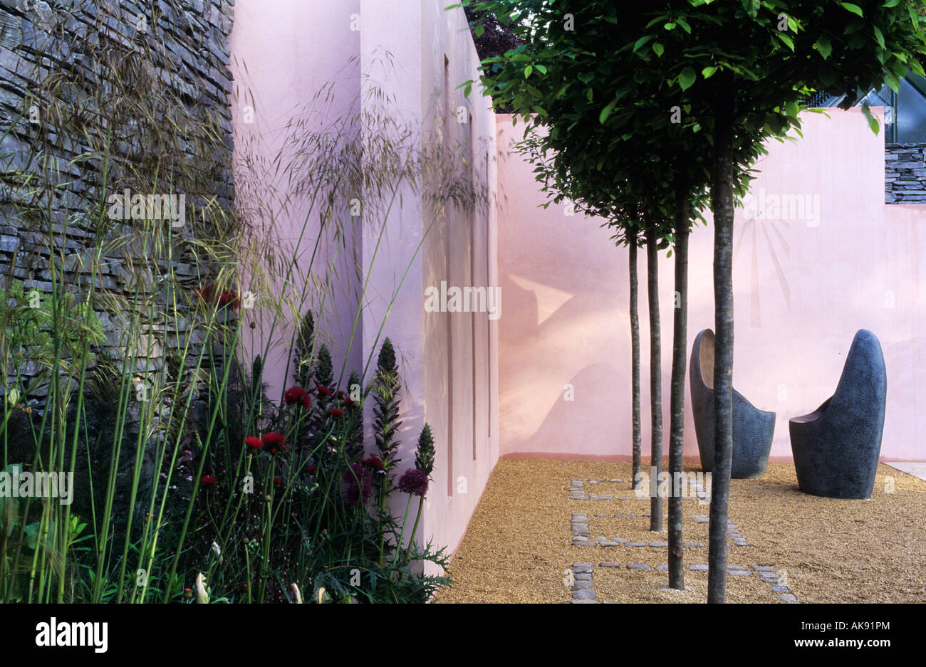 Chelsea 2003 design Fiona Lawrenson giardino contemporaneo rosa con pareti dipinte di topiaria da ritagliata carpino sedie scultorea da De Foto Stock