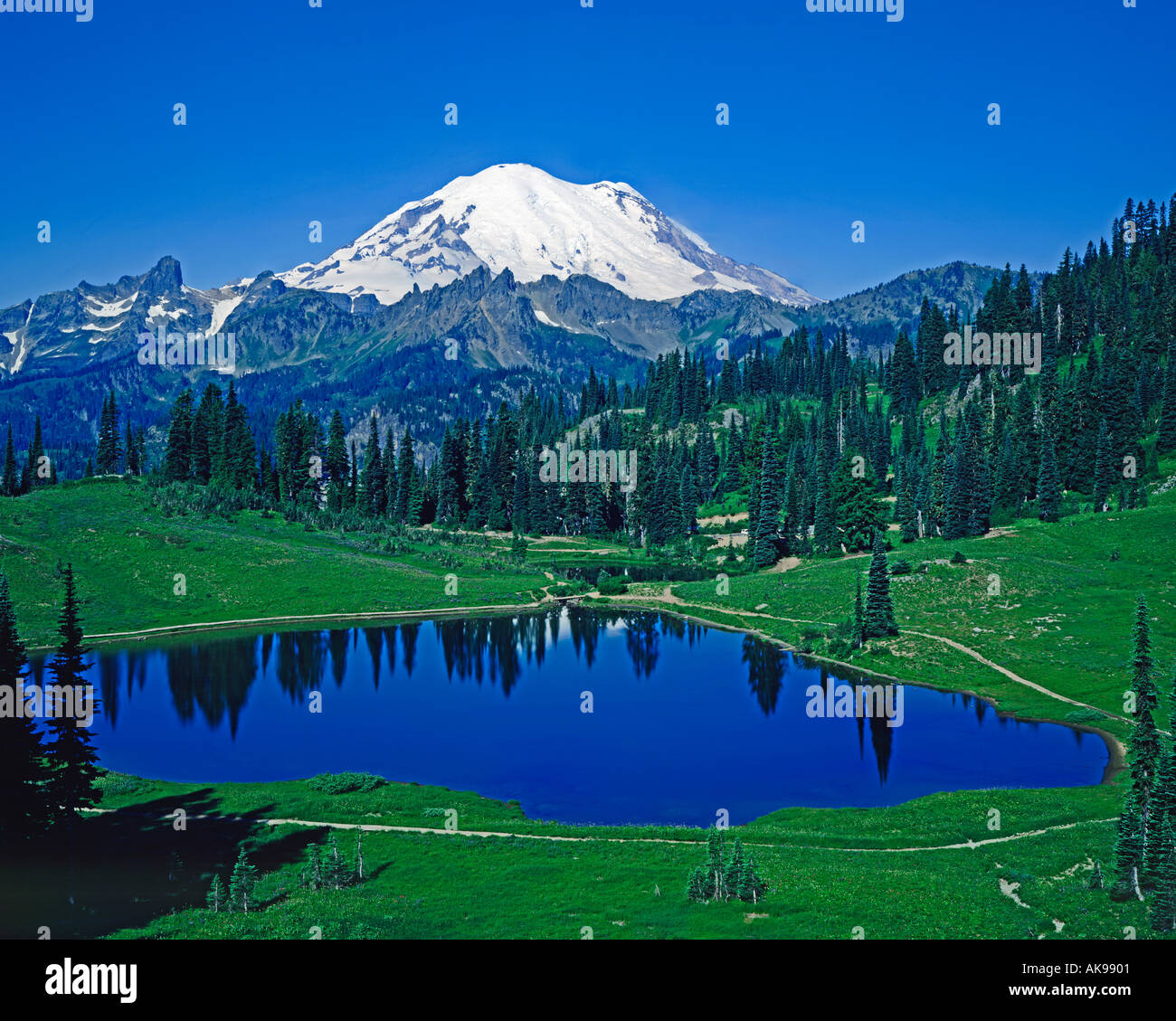Mount Ranier National Park negli Stati Uniti di Washington che mostra il grande picco Tipsoo dal lago Foto Stock
