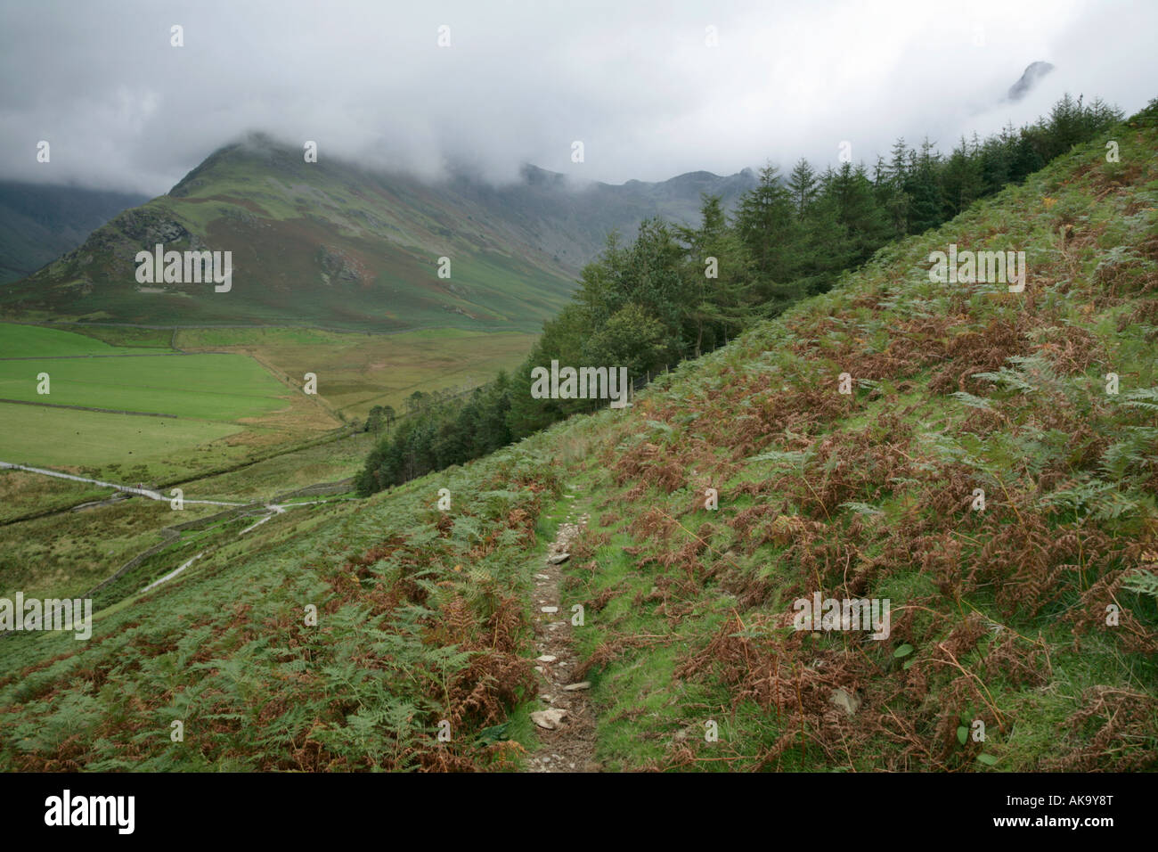 Visualizza in basso dal cloud Buttermere è caduto attraverso la valle Buttermere verso Fleetwith Pike e Haystacks, Lake District, Inghilterra Foto Stock