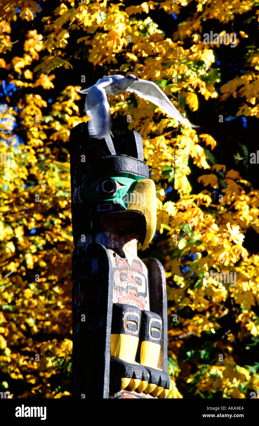 Totem e seagull.Stanley Park.Vancouver.British Columbia.Canada Foto Stock