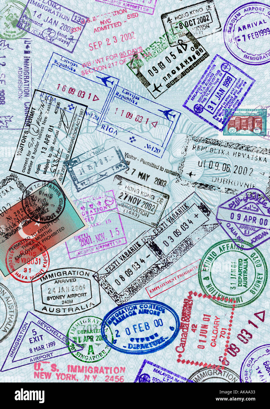 Pagina del passaporto viaggi Visto Di Immigrazione timbro Montage Foto Stock
