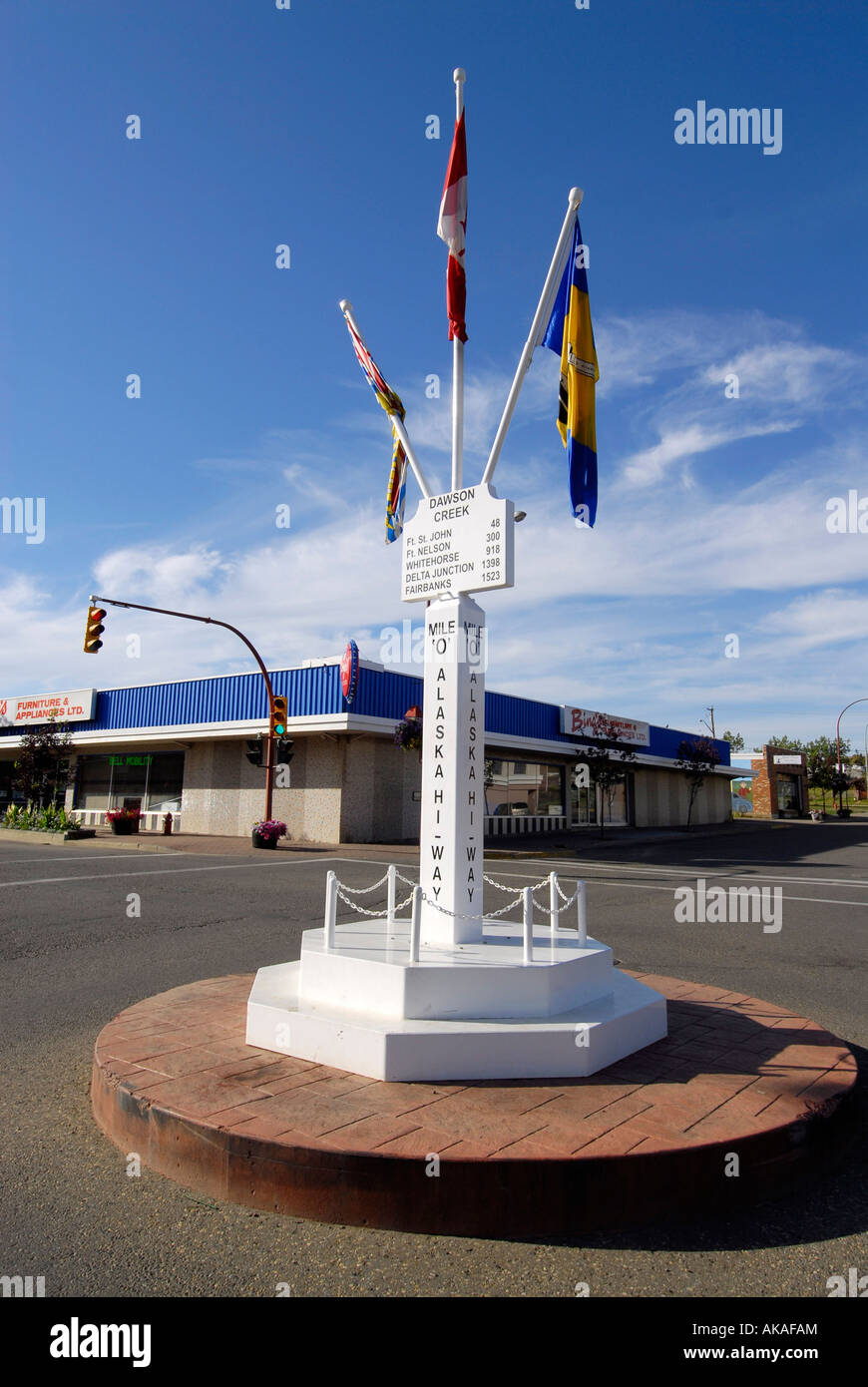 Miglio Zero Post nel centro cittadino di Dawson Creek British Columbia B C Canada miglio Zero Città dell'Alaska Autostrada Al può ALCAN Foto Stock