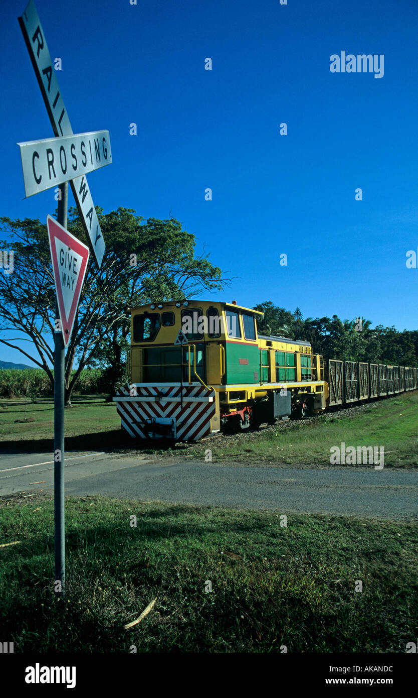 Incrocio ferroviario e firmare con il treno che porta lo zucchero può sulla canna da zucchero linea ferroviaria nel Queensland Australia Foto Stock