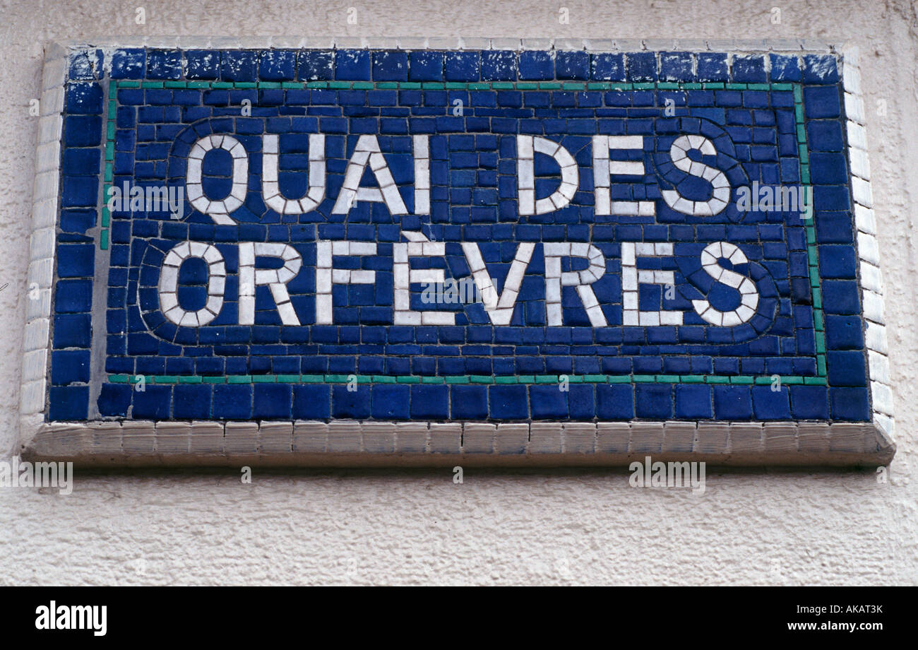 Quai des Orfevres mosaico strada segno Parigi Francia Foto Stock