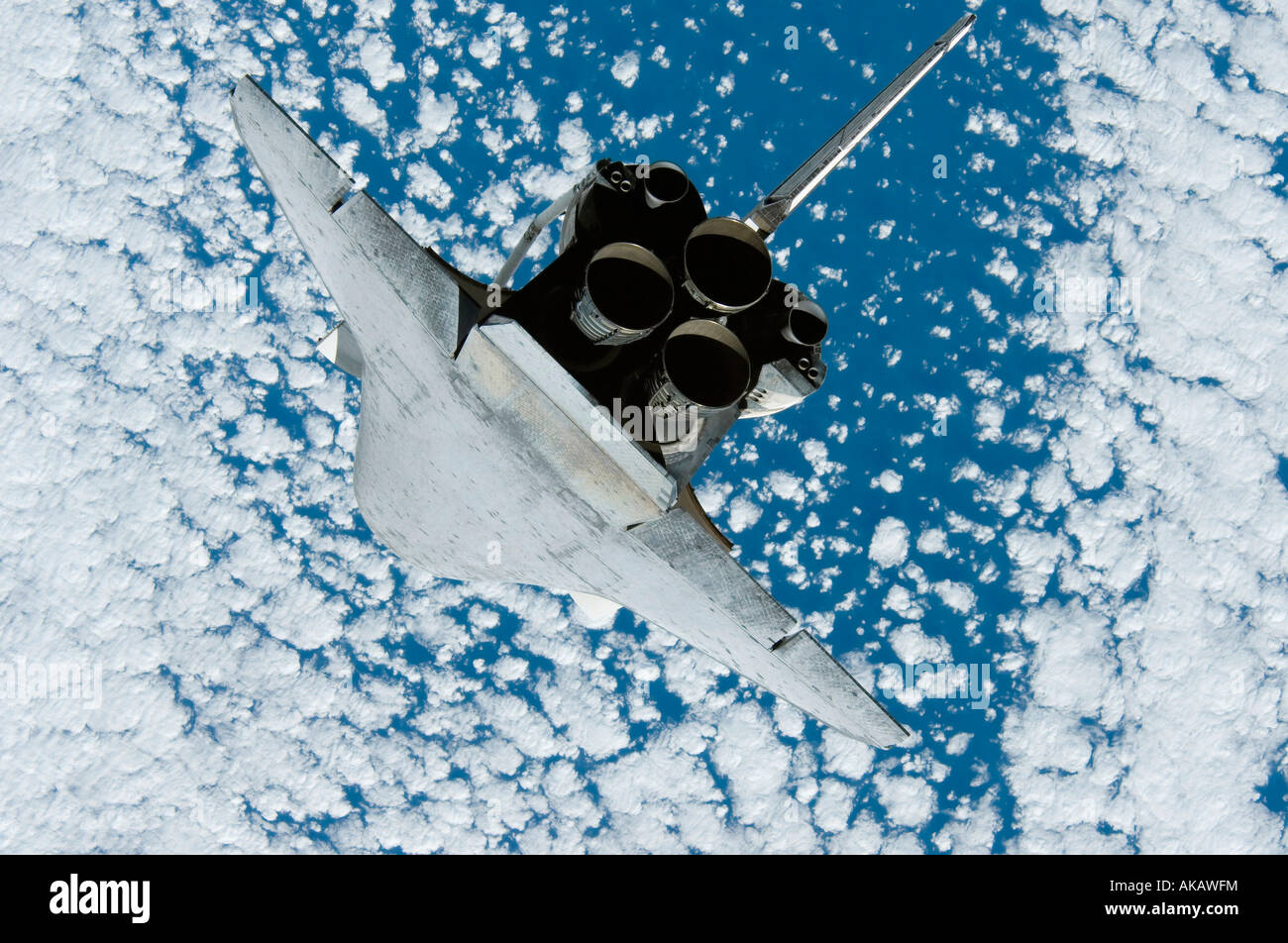 Vista posteriore della navetta spaziale Discovery. Foto Stock