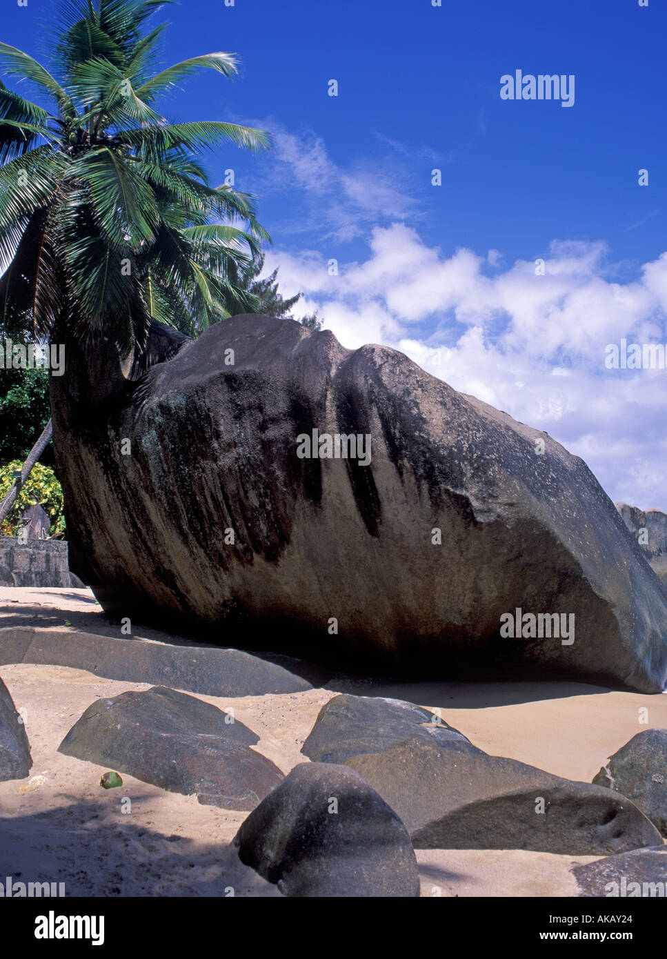Massi sulla spiaggia Seychelles Oceano Indiano Foto Stock