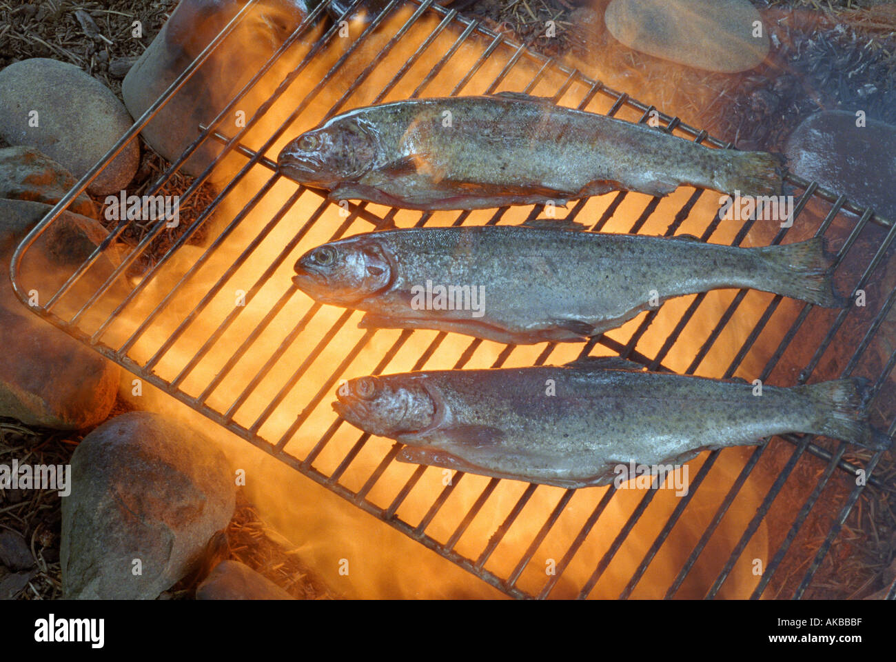 Tre pesci cottura su fiamma aperta Foto Stock