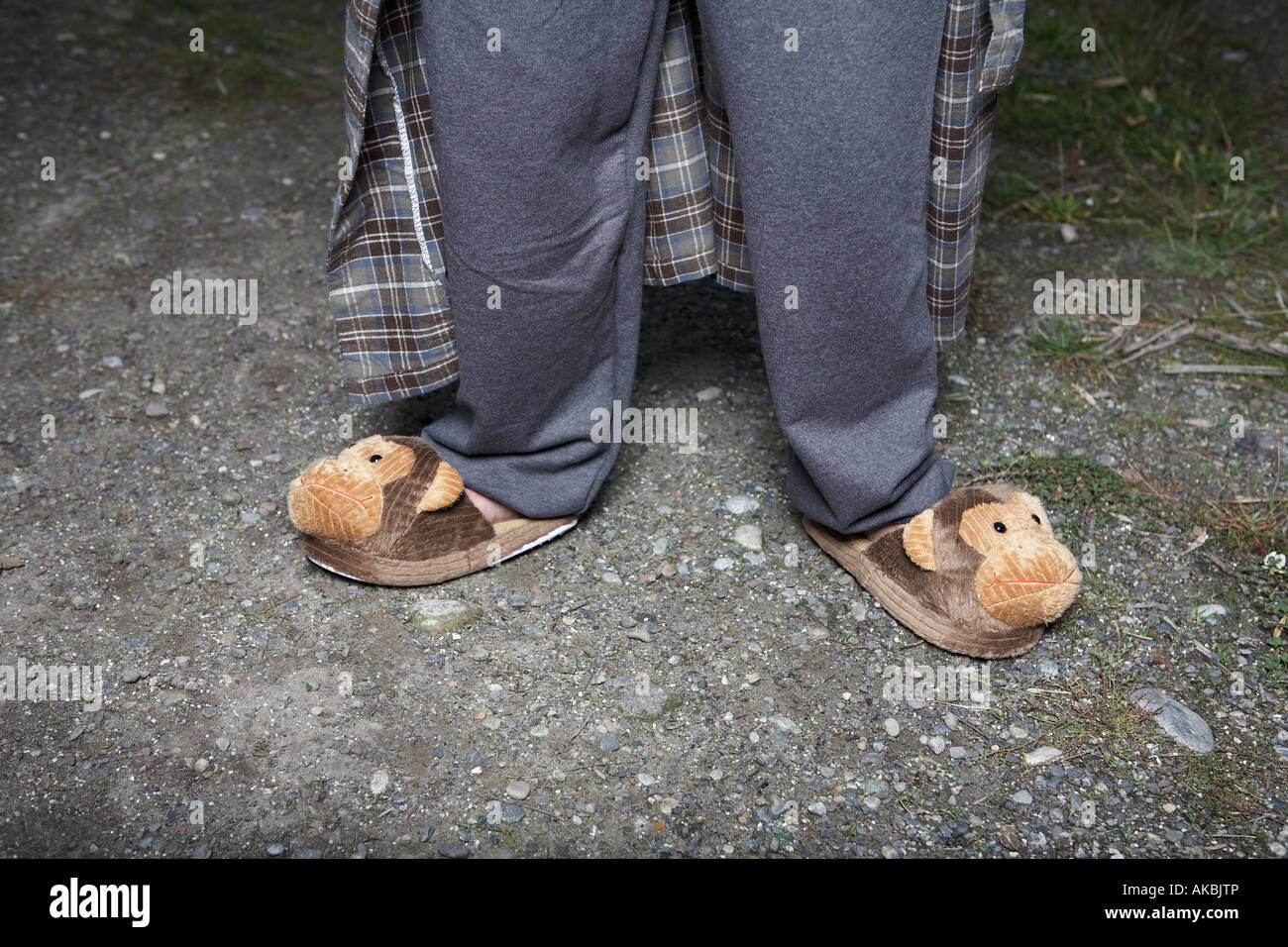 Uomo che indossa la scimmia pantofole sulla strada di ghiaia Foto stock -  Alamy