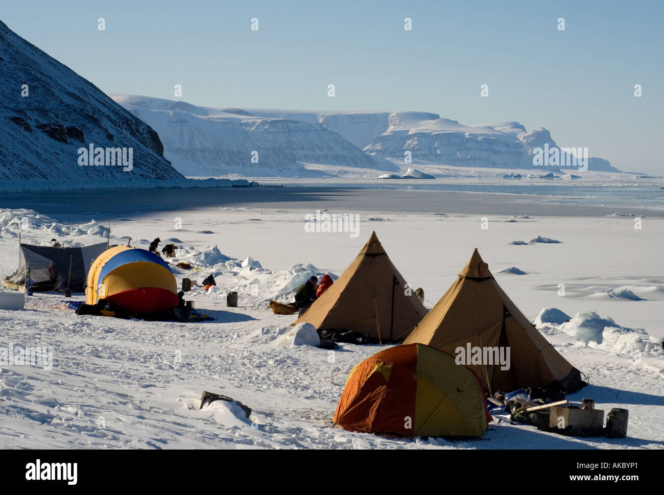 Qaanaaq Groenlandia artico remoto accampamento di caccia al fine di isola Herbert Foto Stock