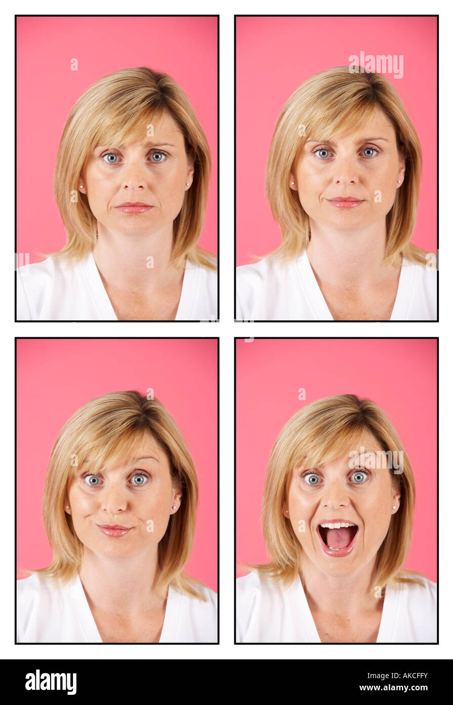 Quattro immagini in sequenza di attraente donna bionda con espressione facciale cambia dalla preoccupazione di eccitazione Foto Stock