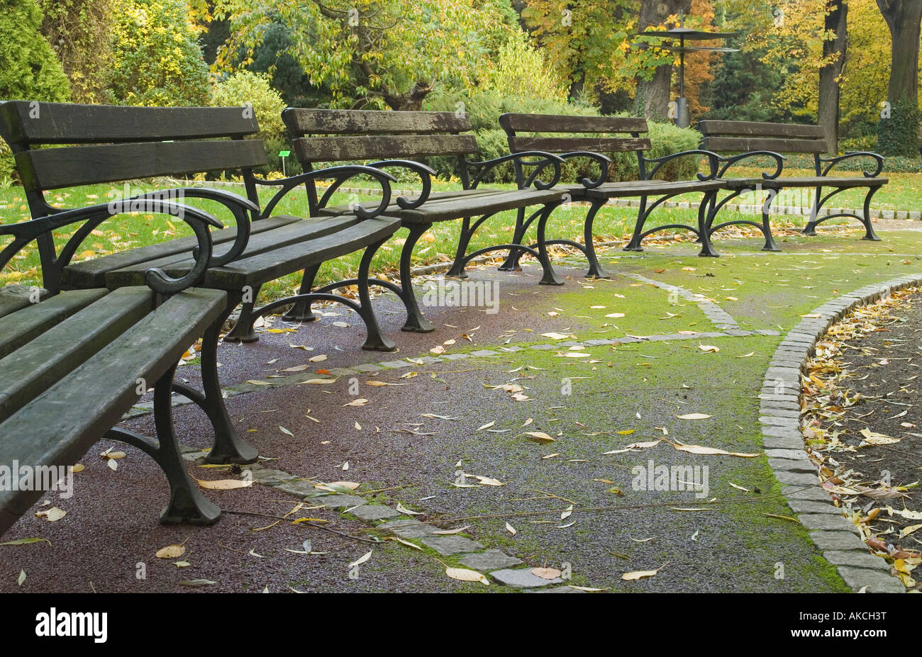 Panchine in autunno Foto Stock