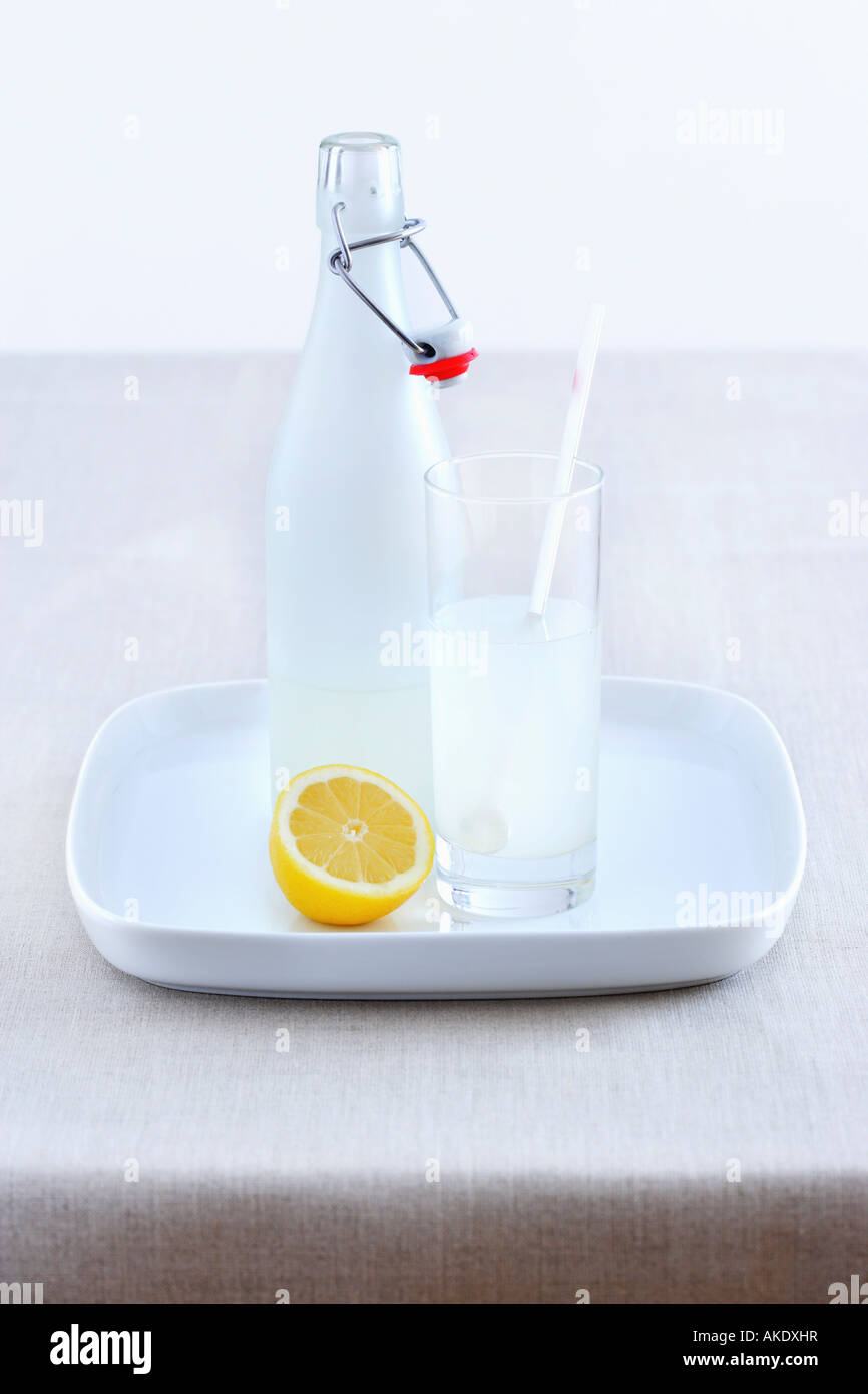 Bottiglia in ceramica, bicchiere di limonata e limone sul vassoio Foto Stock