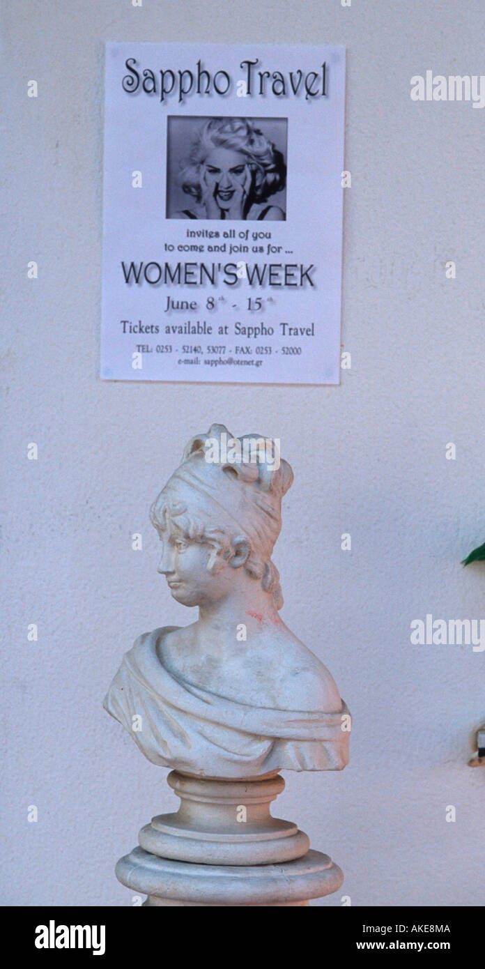 Europa, Griechenland, Lesbo, Skala Eressos, Restaurant-Cafe Saffo Plakat donna' settimana gipsbüste und der Sappho Foto Stock