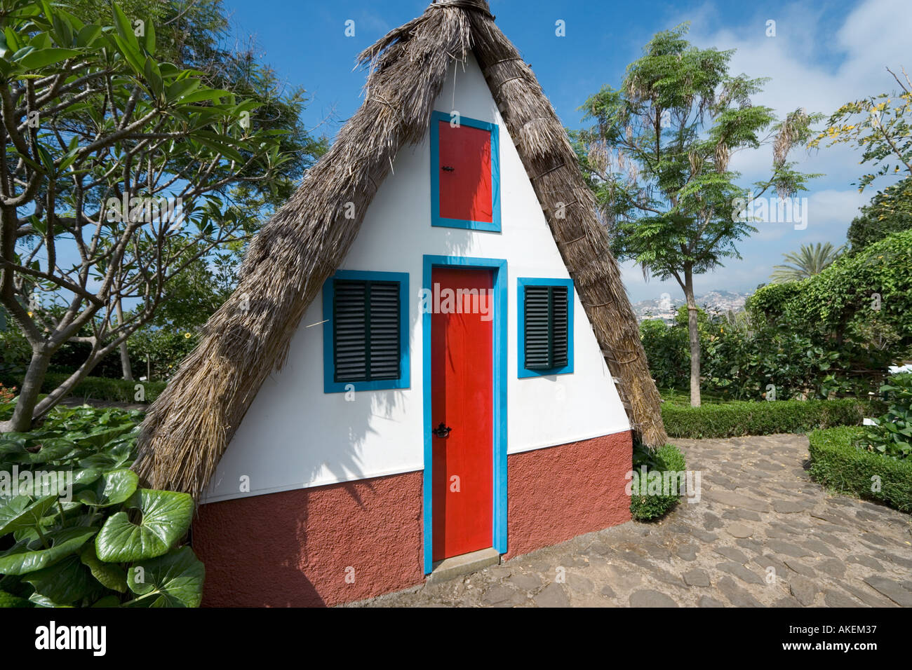 Lo stile di Santana House, Giardini Botanici, Funchal, Madeira, Portogallo Foto Stock