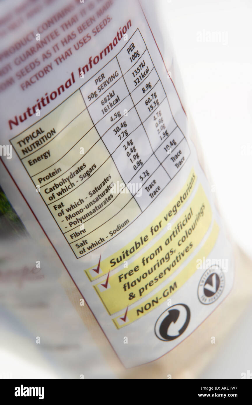 Informazioni nutrizionali sul pacchetto della colazione muesli Foto Stock