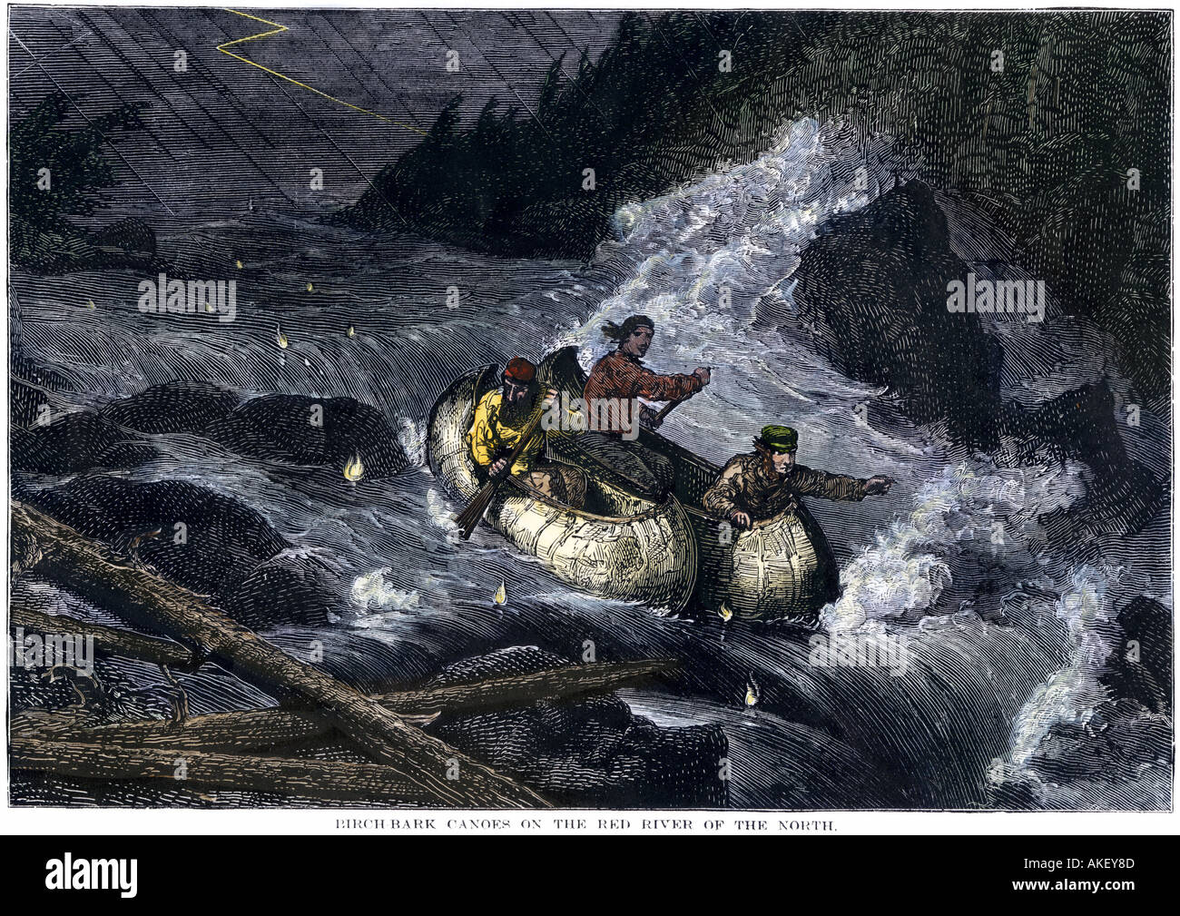 I commercianti di pellicce in canoe ostacolata da rapide sul fiume Rosso del Nord, il confine del North Dakota e del Minnesota Foto Stock