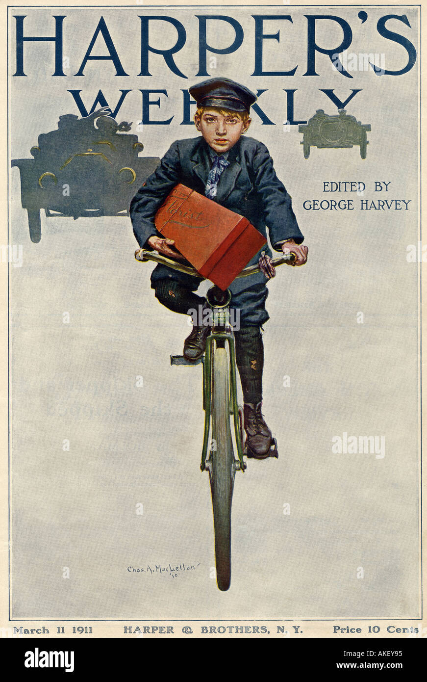 Fioraio ragazzo delle consegne su una bicicletta Harpers coperchio Settimanale 1911 Foto Stock