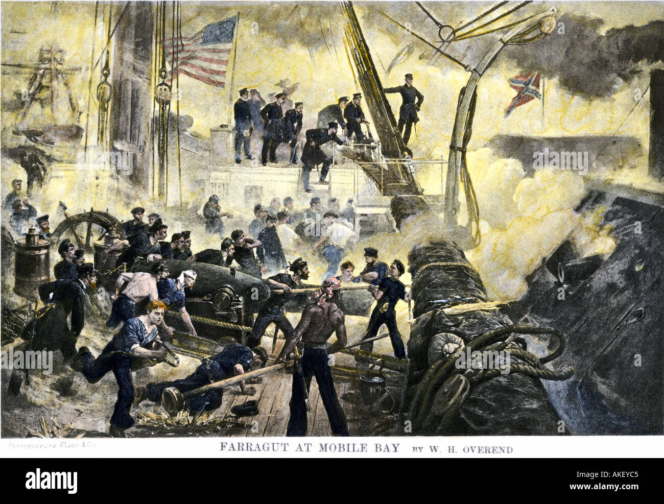 L'ammiraglio David G. Farragut alle manovre durante la Battaglia di Mobile Bay 1864 Guerra civile americana. Colorate a mano fotoincisione di un dipinto di Overend Foto Stock