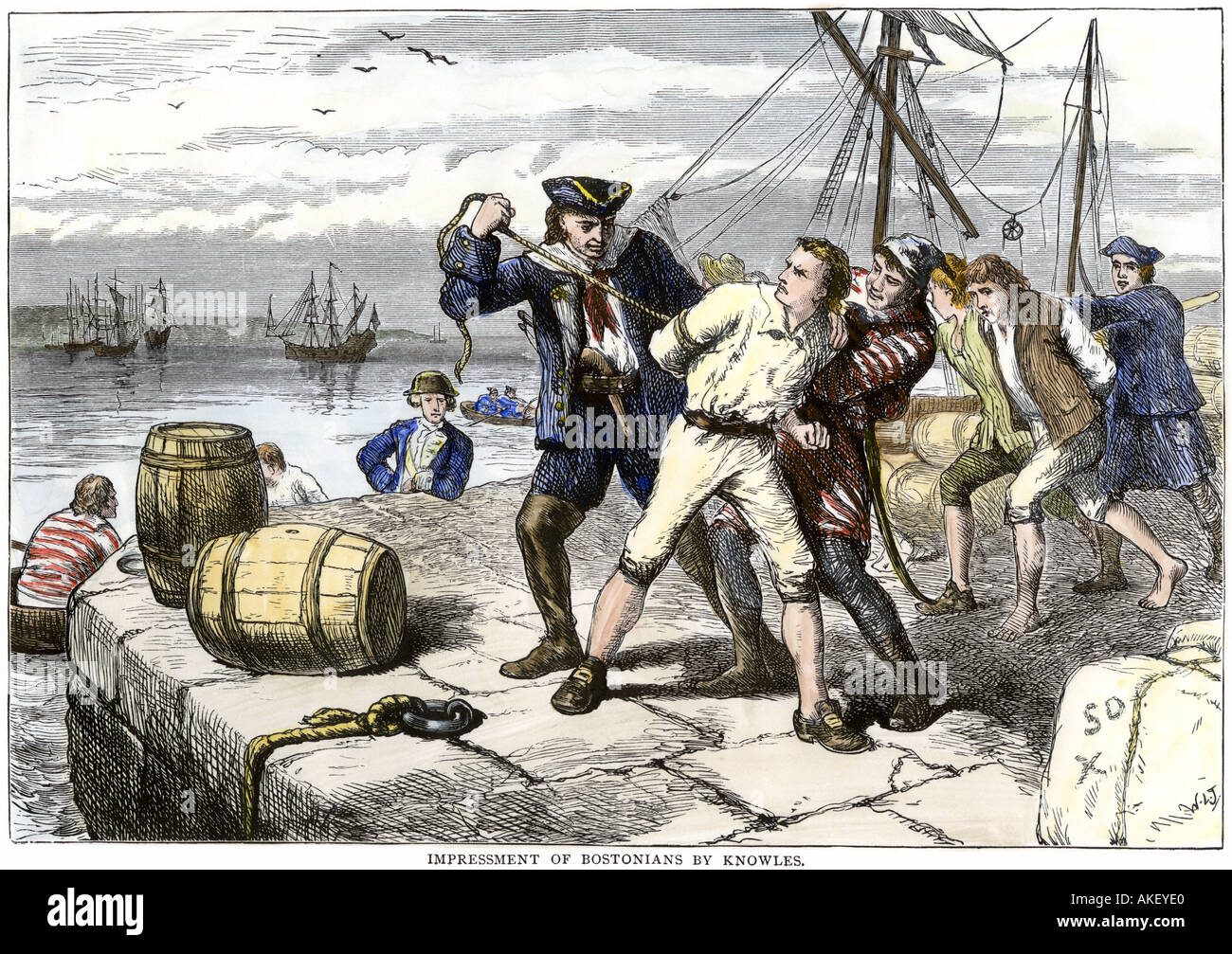 I marinai americani a Boston impressa nel servizio della marina britannica prima dello scoppio della guerra del 1812. Colorate a mano la xilografia Foto Stock