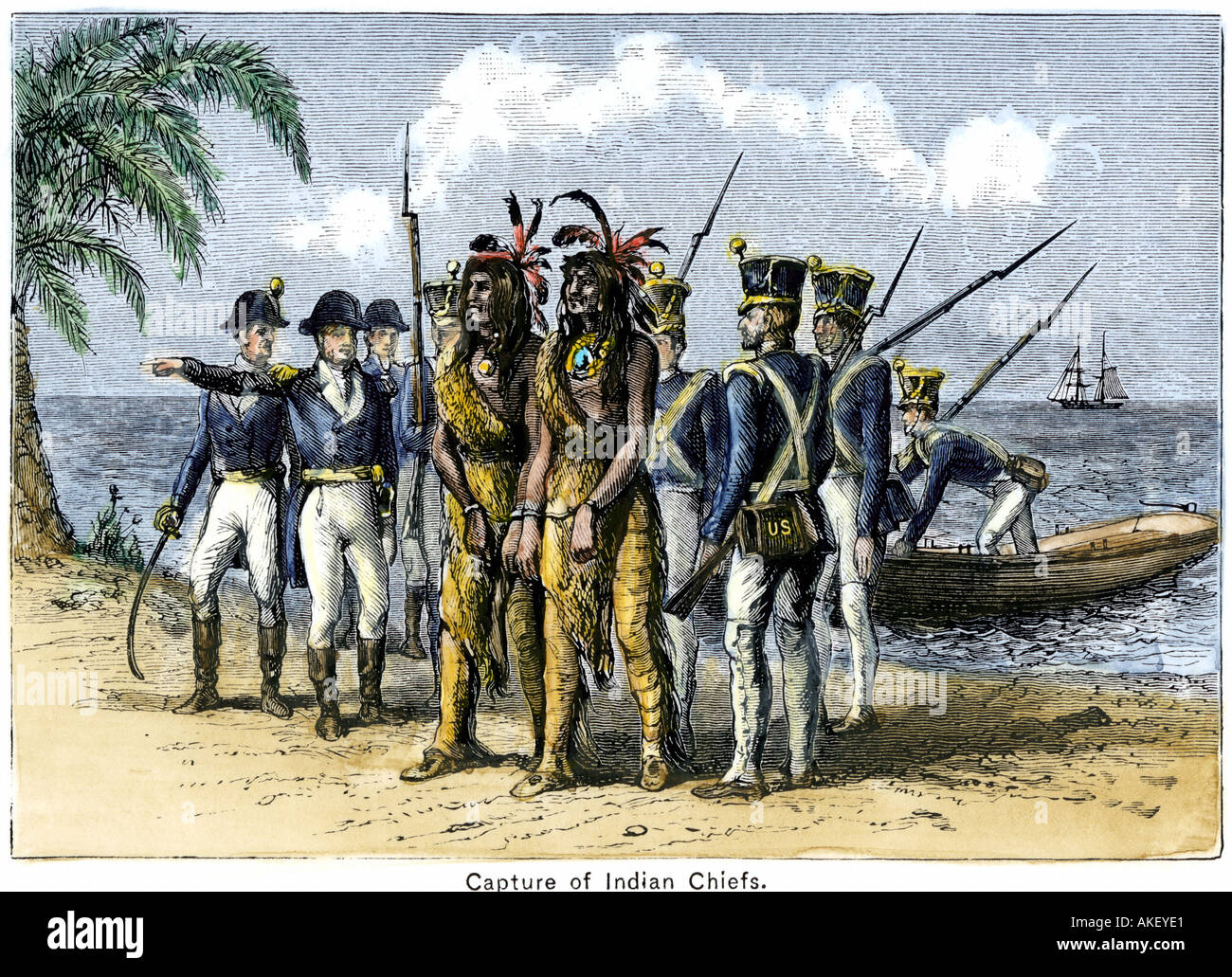 Cattura di Native American capi durante le guerre Seminole in Florida primi 1800s. Colorate a mano la xilografia Foto Stock