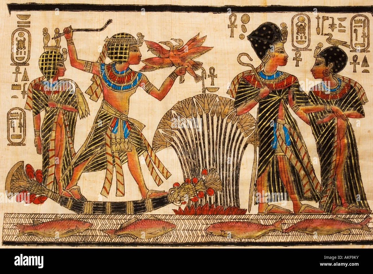 Antico papiro egiziano del re Tutankhamon e di sua moglie Ankhesenamun che caccia l'anatra sul fiume Nilo. Foto Stock