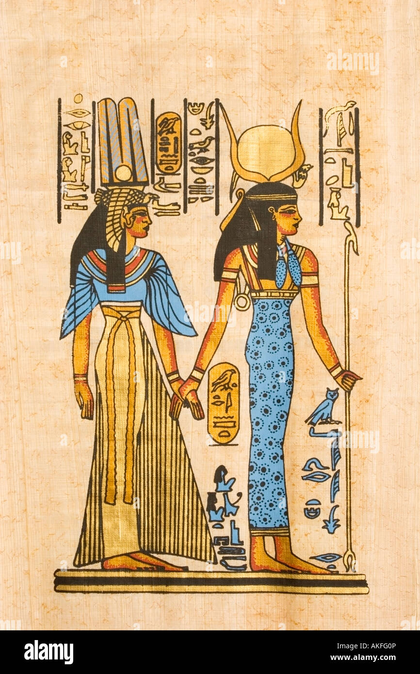 Foto in papiro egiziano della regina Nefertari, moglie di Ramsete II, con la dea Hathor. dea della gioia, dell'amore e della maternità. Foto Stock