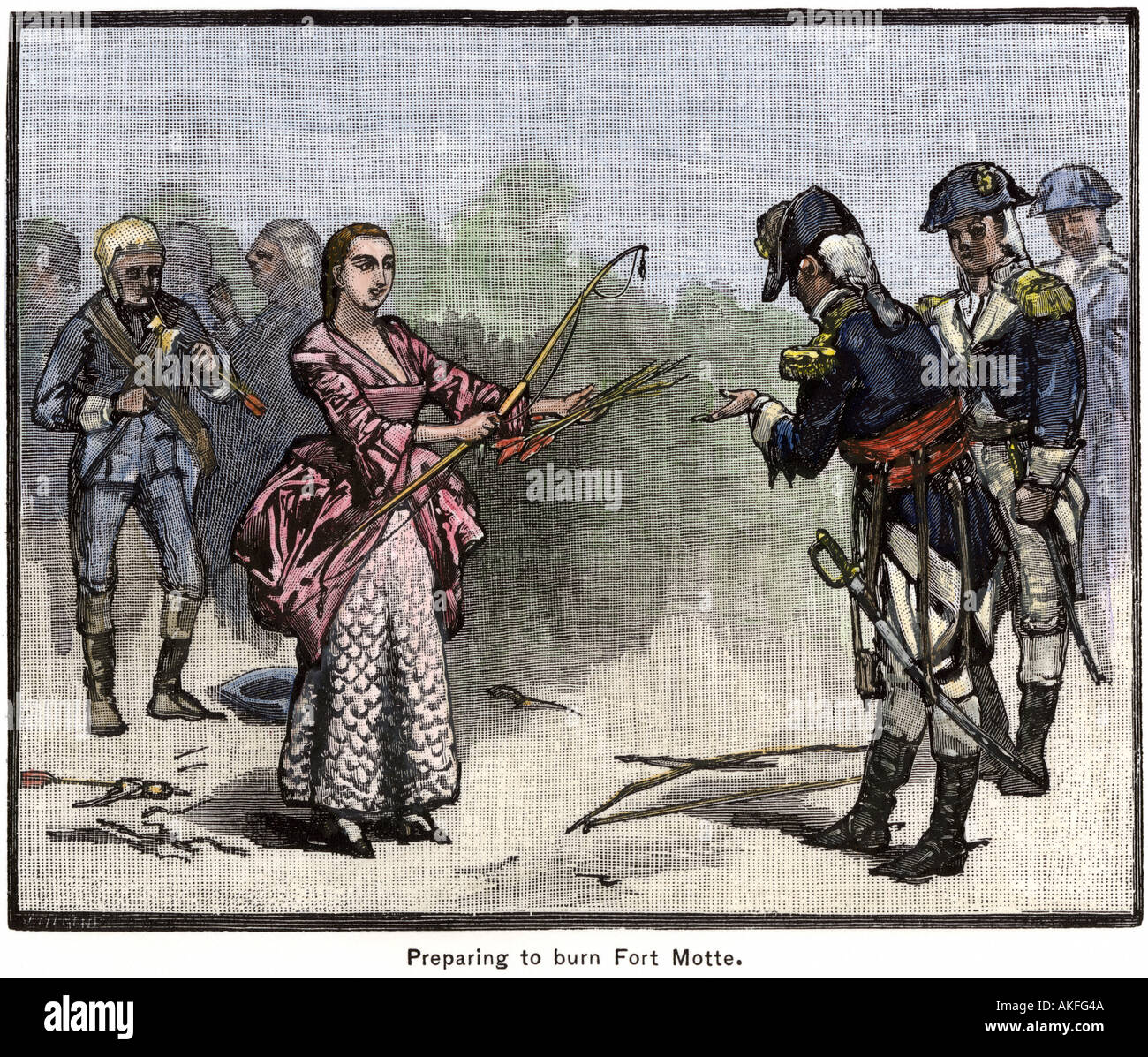Onorevole Motte aiuta le forze americane bruciare la sua casa detenute dagli inglesi in Carolina del Sud 1781. Colorate a mano la xilografia Foto Stock