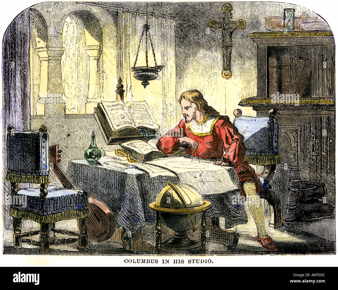 Christopher Columbus a studiare una mappa nel suo studio in spagna 1400s. Colorate a mano la xilografia Foto Stock