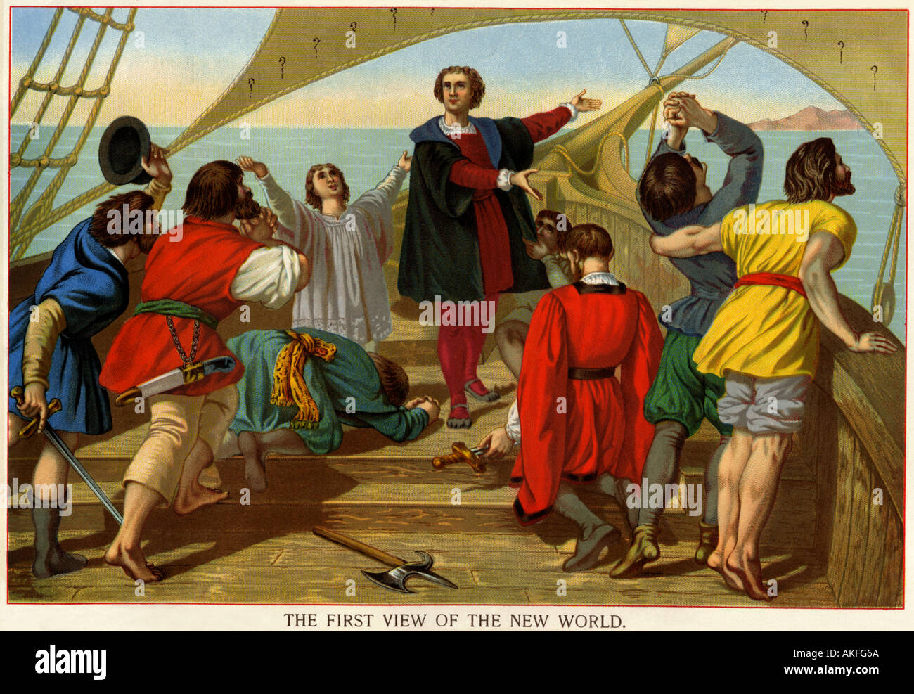 Prima visione del nuovo mondo da parte di Cristoforo Colombo e il suo equipaggio a bordo della Santa Maria 1492. Litografia a colori Foto Stock