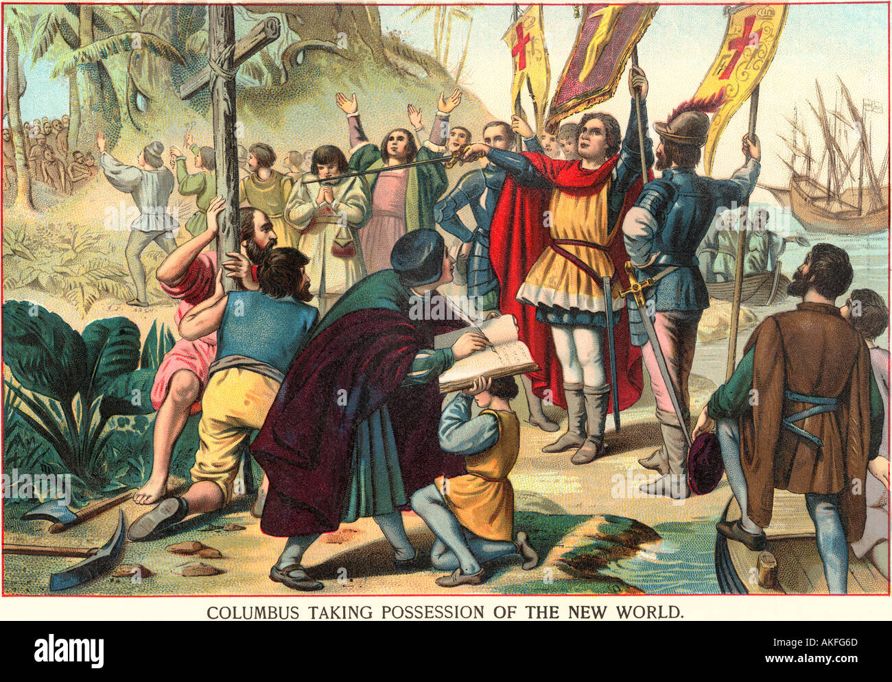 Christopher Columbus prendendo possesso del nuovo mondo per la Spagna 1492. Litografia a colori Foto Stock